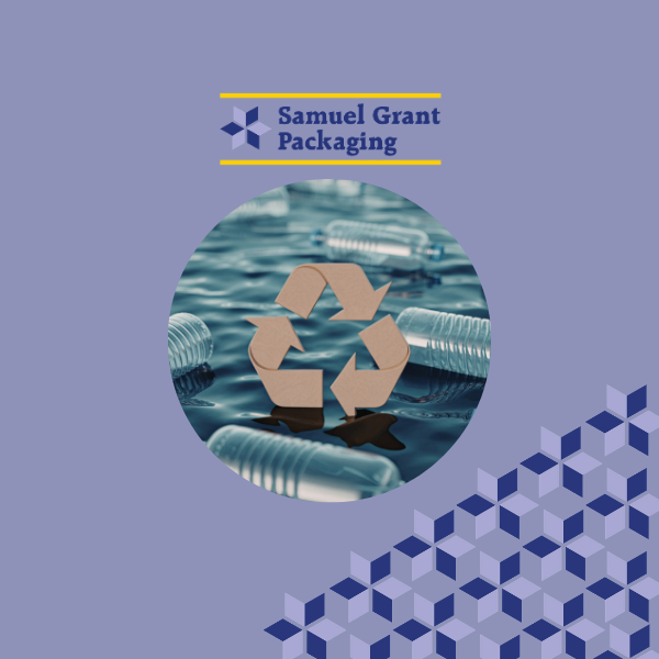 Brand header for Samuel Grant Packaging with a recycling-symbol circle over plastic bottles on a lavender background and geometric accents.