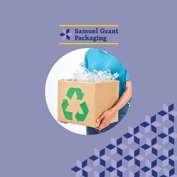 Samuel Grant Packaging logo over a person holding a cardboard box filled with plastic bottles against a purple background.