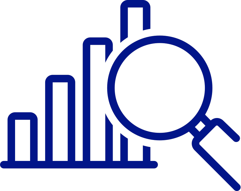 Bar chart with a magnifying glass, representing data analysis and insights in blue outline.