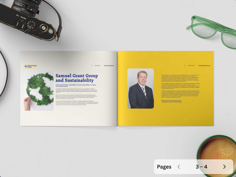 Open two-page spread of a sustainability report; left page shows a hand holding a leafy tree image beside text, right page features a portrait on a yellow background with paragraphs.
