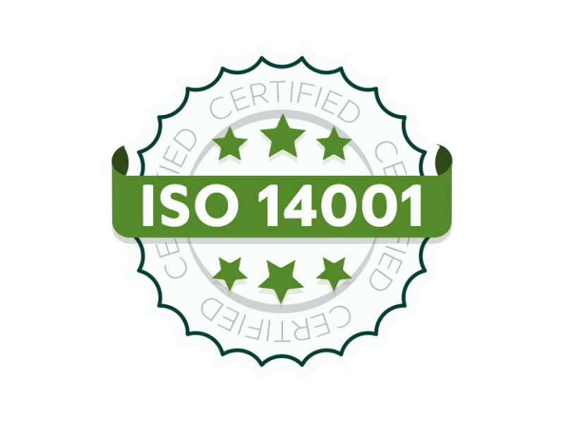 ISO 14001 certification badge: circular seal with green ribbon reading 'ISO 14001' and green stars, indicating environmental management certification