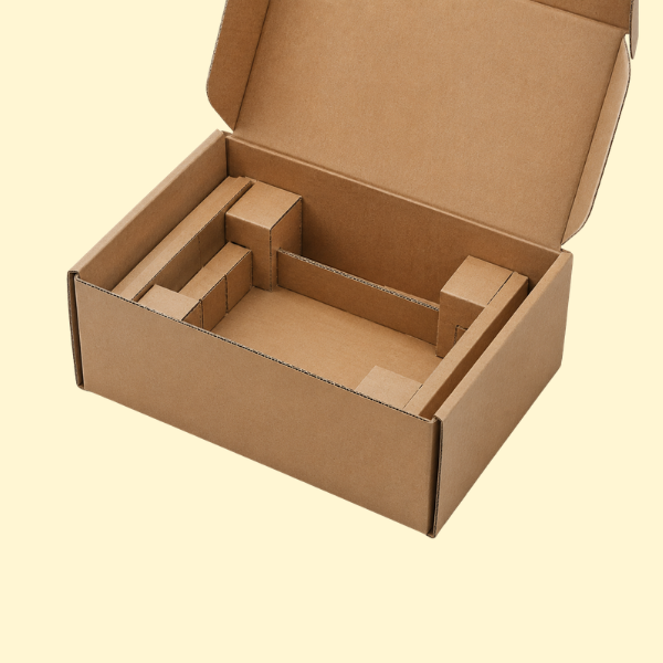 Open brown cardboard shipping box showing built-in internal dividers and compartments to hold items securely.