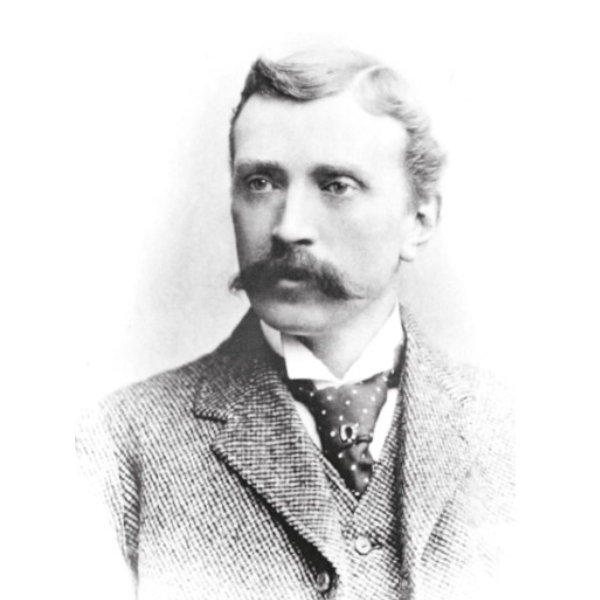 sgpog Portrait of a 19th‑century man with a handlebar mustache wearing a tweed suit and tie.