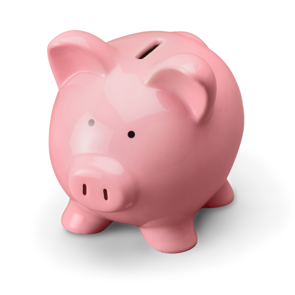 2 Pink piggy bank with a coin slot on its back, viewed from the front-left. (informative)