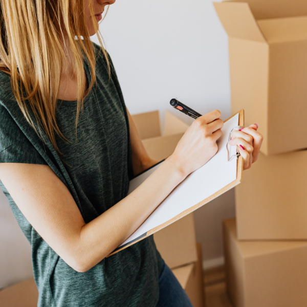 3 Person in a green shirt writes on a clipboard with a marker, surrounded by moving boxes.