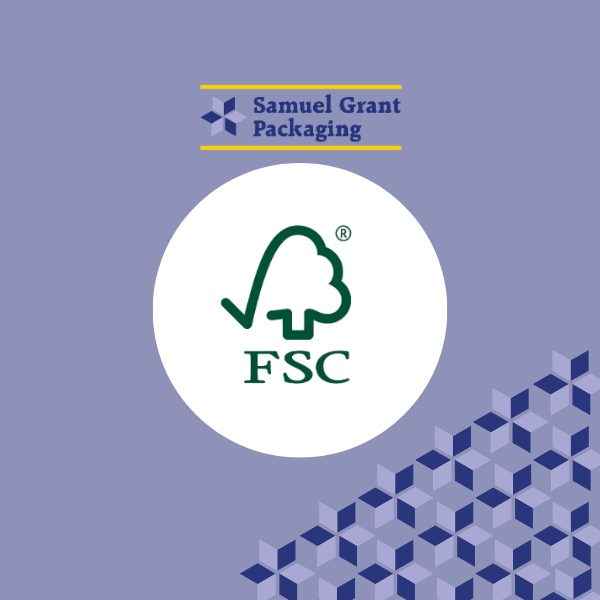 Samuel Grant Packaging brand mark with the FSC certification circle on a purple background, featuring a white disc with a green tree symbol and a blue geometric pattern in the corner.